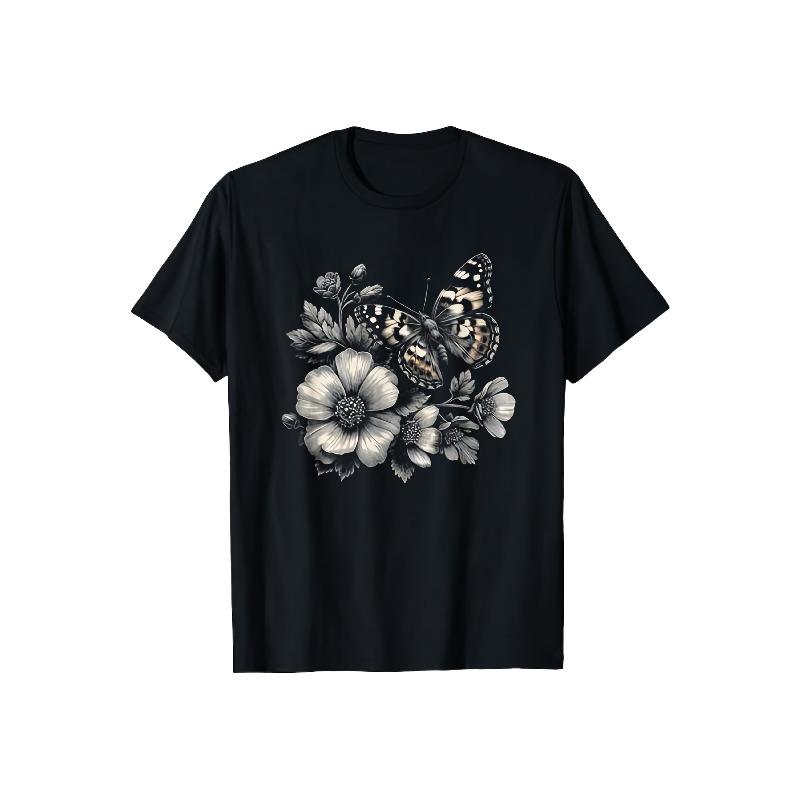 Unisex Butterfly Floral Graphic T-Shirt Black White Monarch Print Crew Neck Casual Formal Machine Washable Vintage Artistic Everyday Top