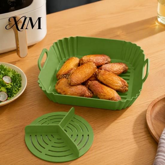 Reusable Air Fryer Basket 2PCS Silicone Baking Pan with Handles, Square And Rectangular Nonstick Grilling Tray Oven Set, Liner for Roasting