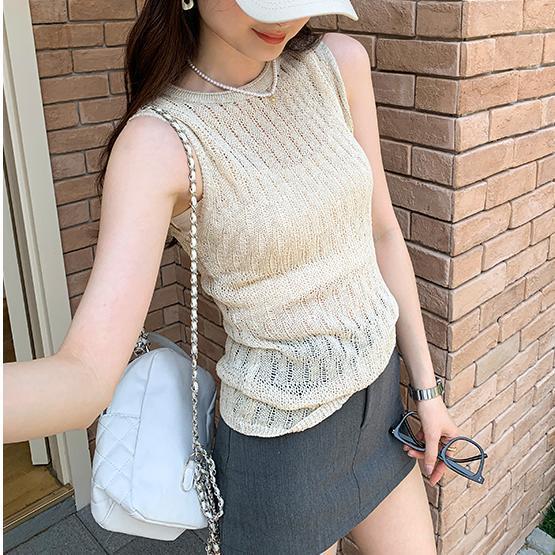

Knitted Vest Women s Irregular Design Outerwear Summer Hollow Out Slightly See Through Round Neck one size абрикосовий