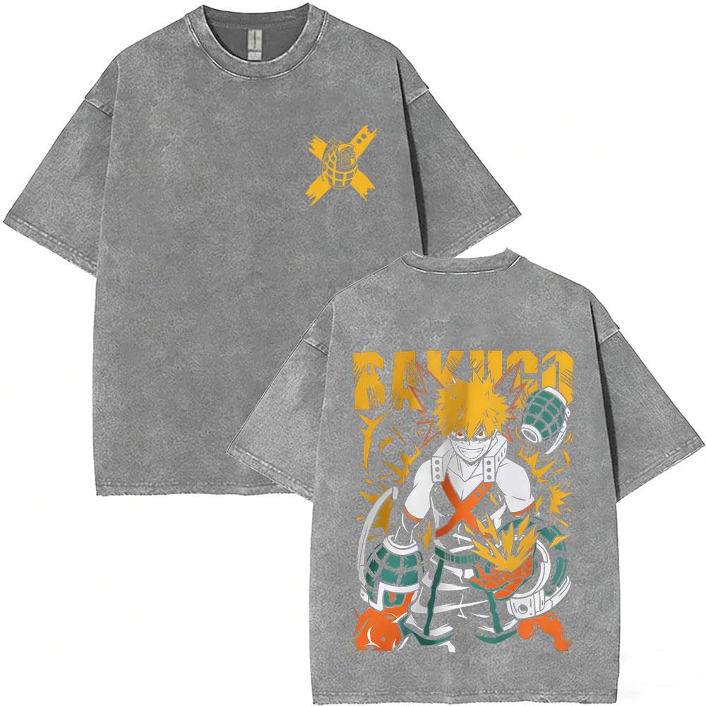 Washed Vintage Anime My Hero Academia Midoriya Izuku and Bakugou Katsuki Merch T Shirt Men Women Casual Retro Oversized Tshirts