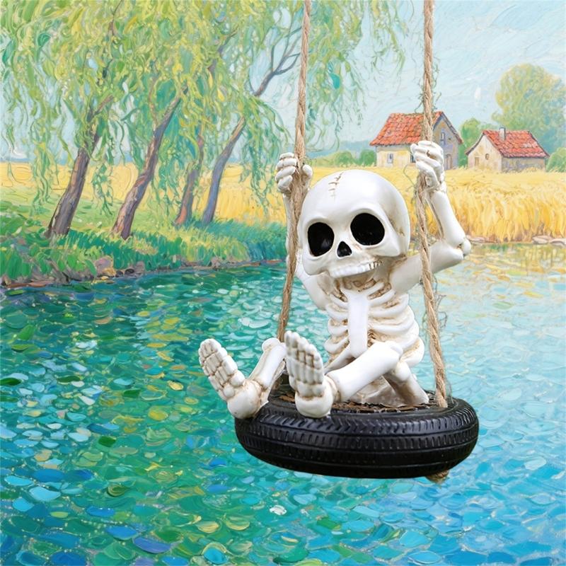 Scary Skeleton a Swing Hanging Statue Garden Decors Tire Swing Skull Sculptures Hanging Ornament for Patios Lawn Yard