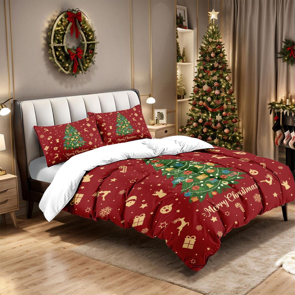 3pcs Red Christmas Tree Printed Coreless Duvet Set In Various Sizes, Soft Bedroom and Dormitory Decorations, Machine Washable