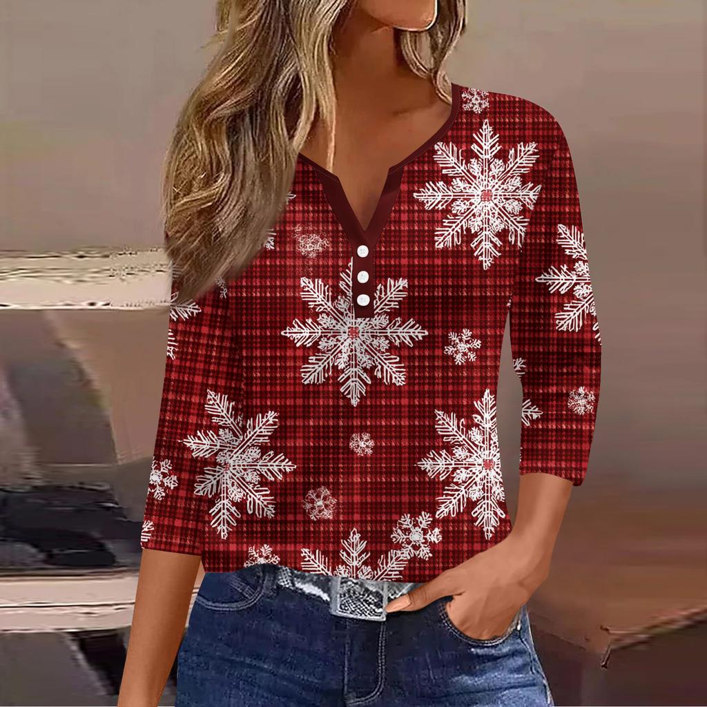 Women's Fashion Casual Christmas Tree Print V-Neck Decorative Button Three-Quarter Sleeve T-Shirt Top