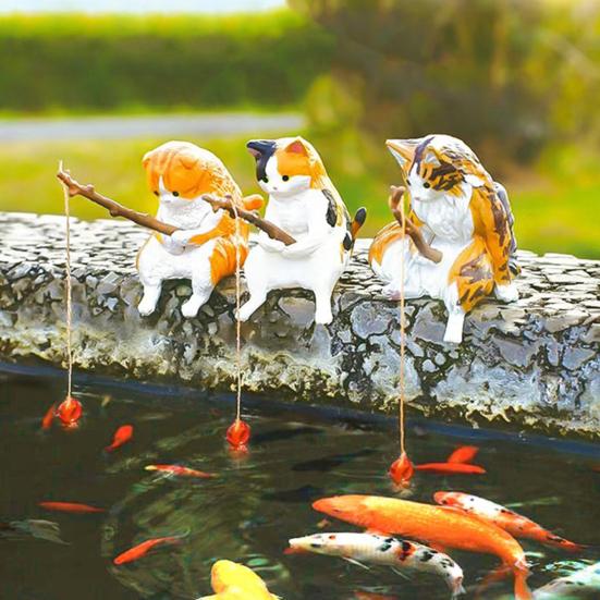 Fishing Kitten Statue Cartoon Cat Figurine Collectible Resin Miniature Cat Sculpture for Fish Tank Micro Landscape Aquarium Decor