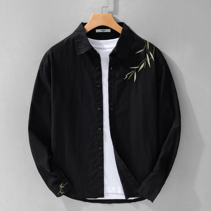 

Chinese Style Embroidery Shirts for Men Spring and Summer Cotton Linen Shirt Long Sleeve Casual Tops Breathable Men Clothing XXXL чорний