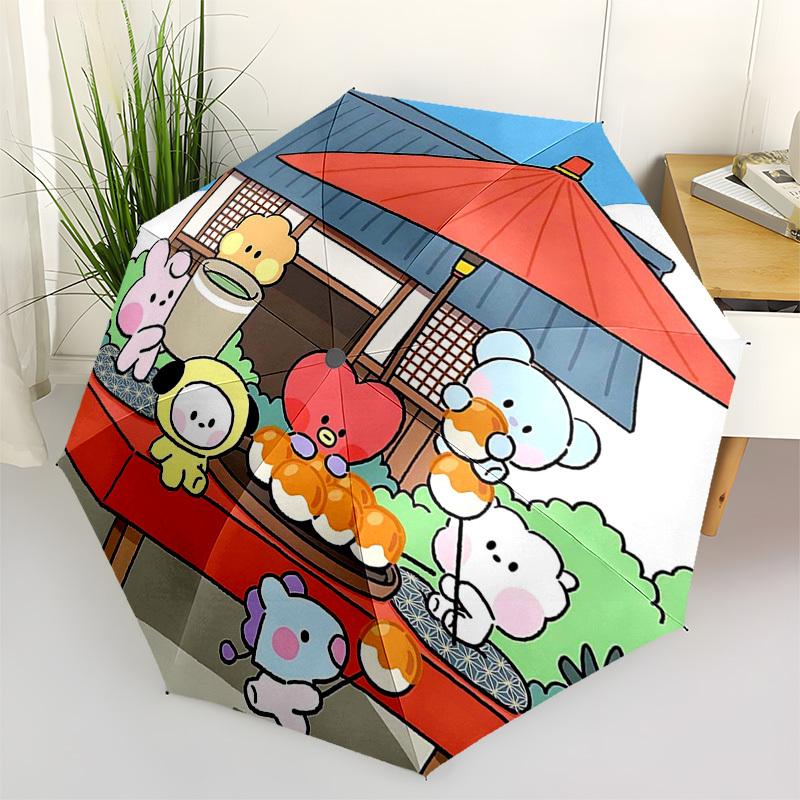 

1pc Outdoor Umbrella with BT21 Characters - Automatic Opening/Closing, Portable 3-Fold Design, 8-Bone Iron Frame, Perfect for Fans, Travel, Daily