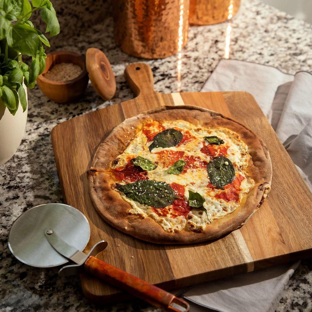 Round Wooden Pizza Plate with Handle - Multifunctional Kitchen Cutting Board and Snack Tray