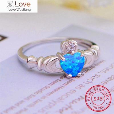 Echte S925 Sterling Zilveren Claddagh Ring Schattige Liefdes Hart Kroon Ringen Voor Vrouwen Trouwringen Blauwe Witte Vuur Opaal Ring Sieraden Cz