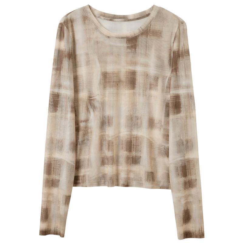 Sancai 2026 Autumn Printed Plaid Mesh Long Sleeve T-Shirt L