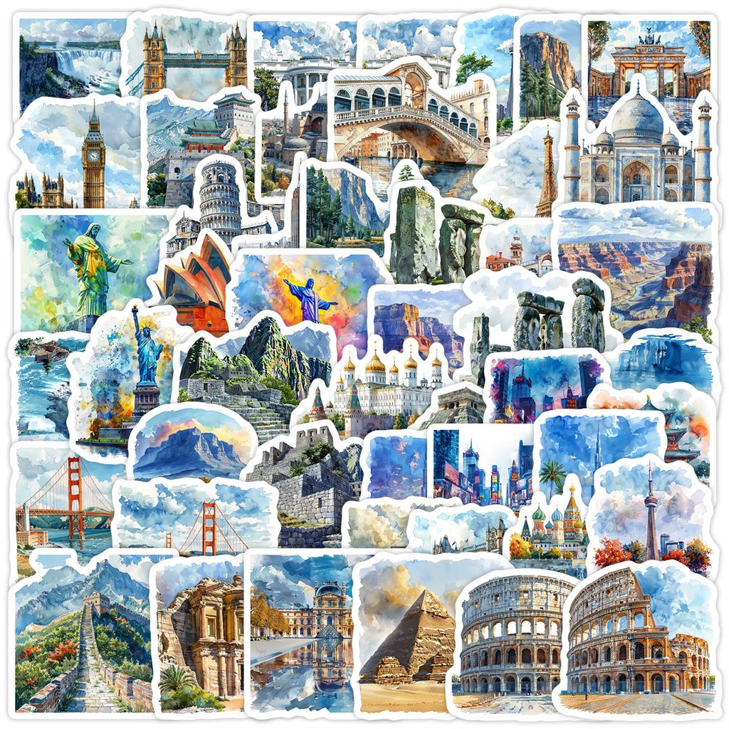 50 Watercolor Landmark Buildings Graffiti Mobile Phone Suitcase Mobile Phone Case Guitar Waterproof Decorative Stickers