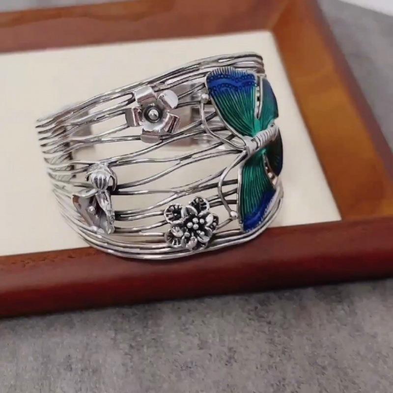 Zuyin 990 Butterfly Small Flower Burnt Blue Enamel Colorful Woven Bracelet for Women's Retro Ethnic Fashion Butterfly Love Flower Silver Bracelet