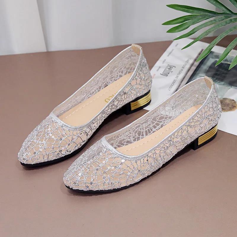 Women's Spring Summer All-match Mesh Sandals Plus Size Solid Color Thick Heel Flat Lace Shoes