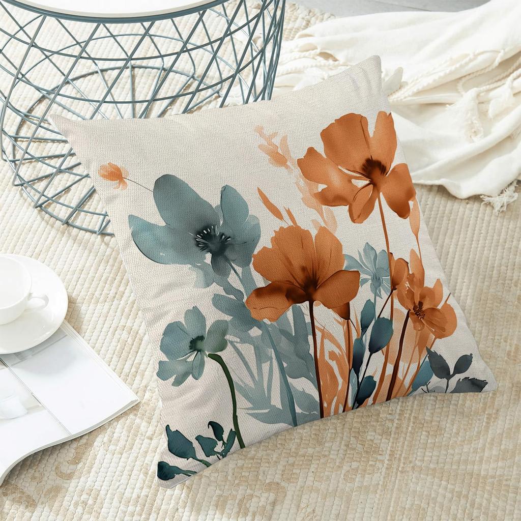 18*18 inch spring linen green plant purple flower pillowcase 2-piece suitable for sofa bedroom outdoor Brown-green