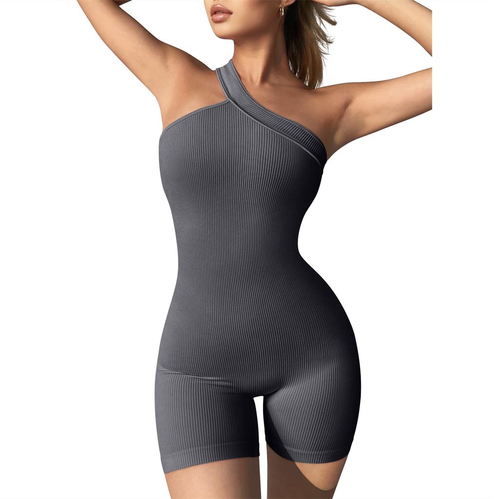 Women's Yoga Rompers Ribbed Spaghetti Strap Exercise Romper One Shoulder Sleeveless One Piece Jumpsuit Fitness Jumpsuits