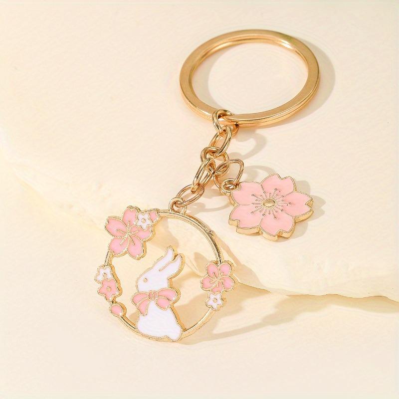 Cartoon Animal & Flower Wreath Keychain - Cherry Blossom & Rabbit Pendant Gift