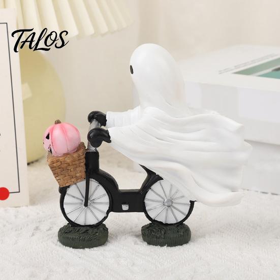 Fun Halloween Collectible Statue Ghost Riding Bicycle Resin Figurine, Spooky Desk Shelf Decor for Creative Party Ornament Home Entryway, Hand-Painted