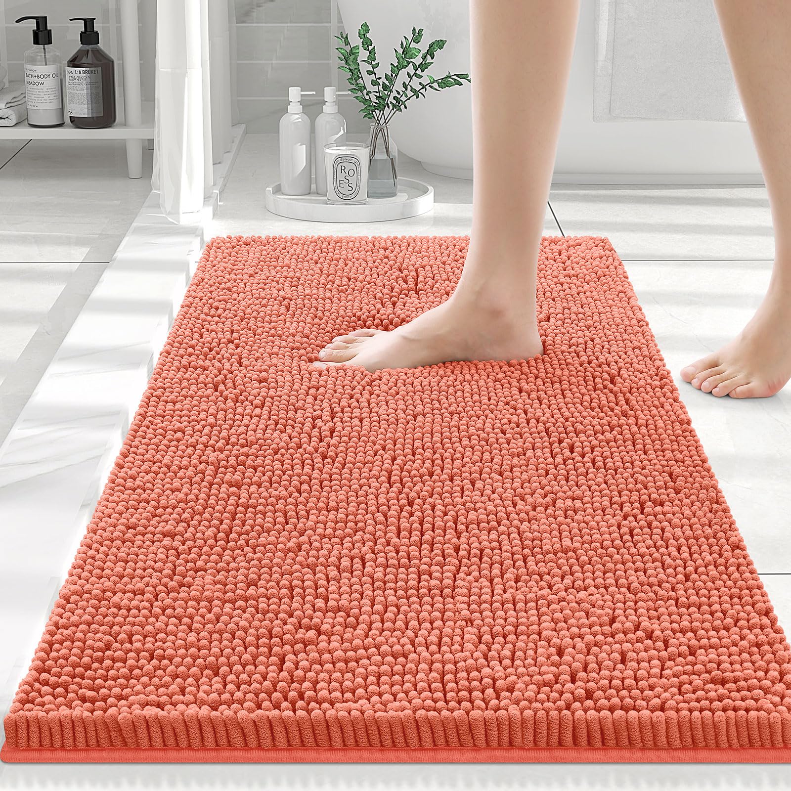 

Olanly Chenille Bath Mat Fashion Non-Slips Soft Fluffy Bath Mats For Bathroom Super Absorbent Floor Mats Washable Bathroom Mat 43x62cm(17X24inch) помаранчевий