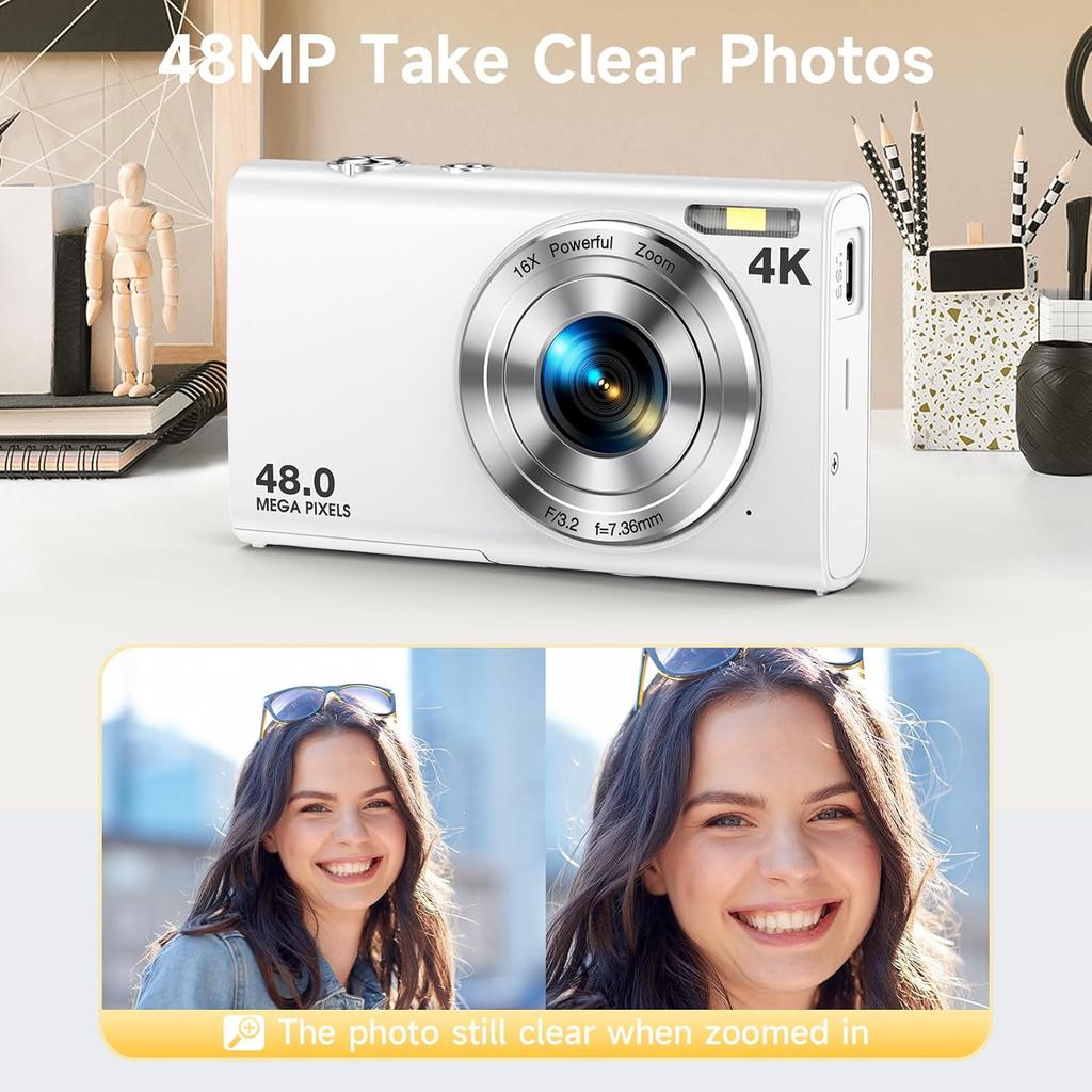 Digital Camera, Autofocus 48MP UHD 4K Vlogging Camera 16X Digital Zoom, Portable Compact Point and Shoot Digital Camera for Teens Adult Beginner with
