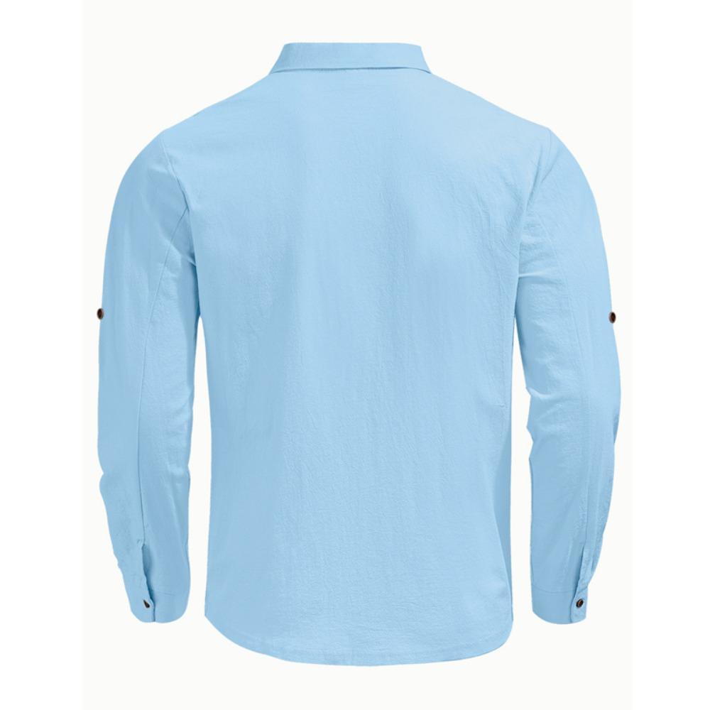 Soft and Comfortable Men's Collar Pocket Solid Color Button Up Cardigan Long Sleeved Linen Top Suitable for Daily Leisure