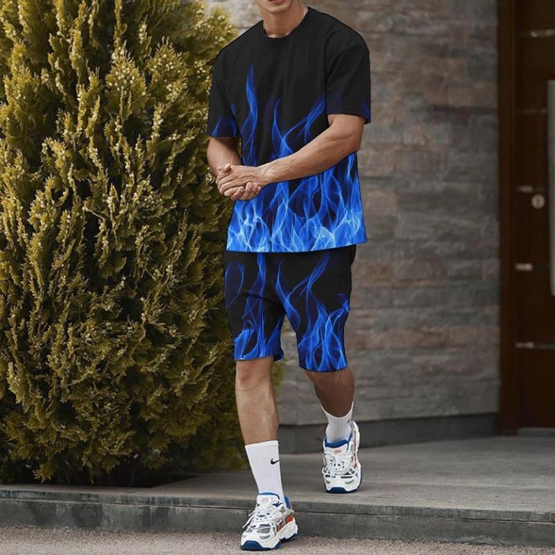 Summer New Men's Short Sleeved Shorts T-shirt Set with 3D Printed Flame Pattern Casual T-shirt Set with Fashionable Sweatshirt