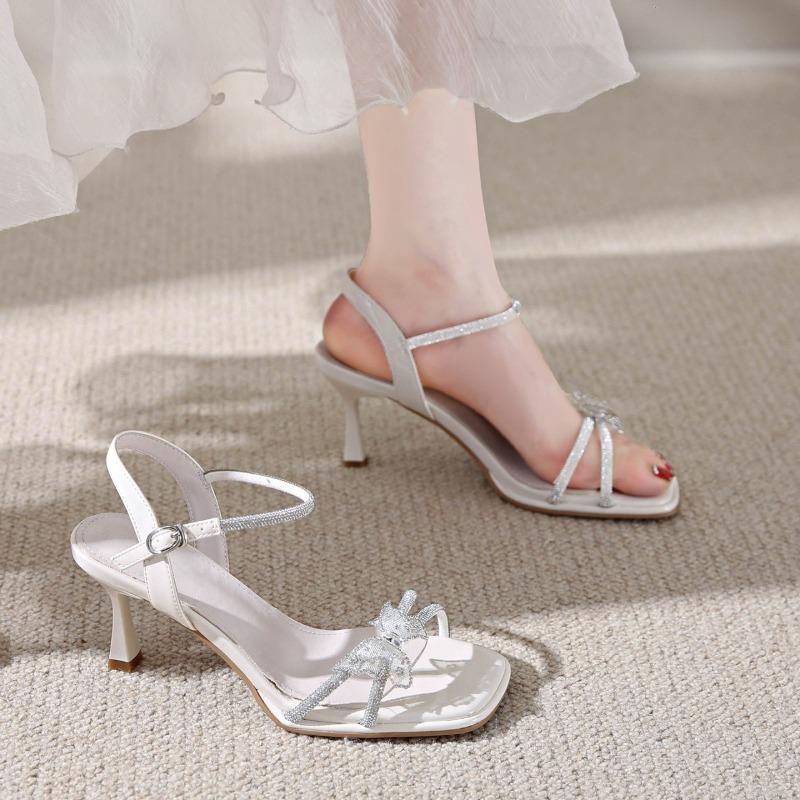 Fashion Women's Summer New Style with Skirt Temperament High Heels Fashion and Versatile French Silver Rhinestone Sandals