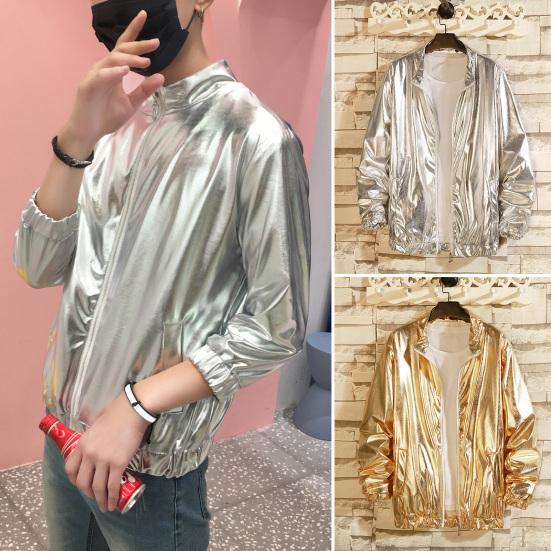 Men Coat Stand Collar Long Sleeve Zipper Closure Jacket with Pockets Solid Color Spring Autumn Glossy Design Outerwear