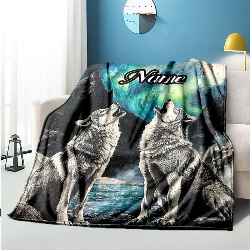Two Wolves Howling At The Sky Customize Your Name Outdoor Blanket Suitable For All Seasons Comfortable And Warm Soft Blanket Suitable For Travel Gifts