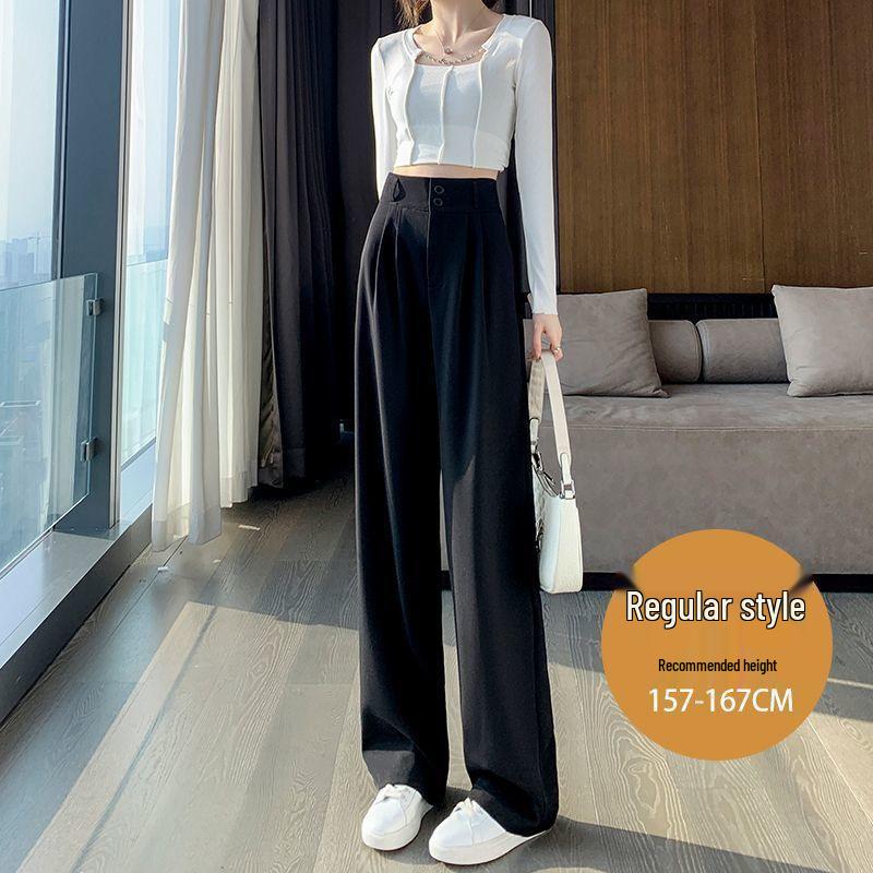 Women's Black High Waist Wide Leg Pants for Spring/Autumn - Petite Fit, Elegant Draping, Straight or Narrow Leg Options
