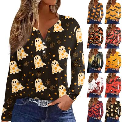 Damenmode Lässig Floral Halloween-Print V-Ausschnitt Langarm Knopfleiste Langarm-Oberteil