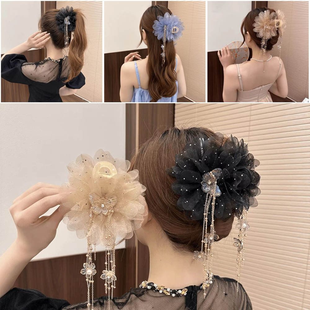 Peony Flower Grasping Clip Mesh Flower Hairgrips Temperament Hair Claw Clips  Women
