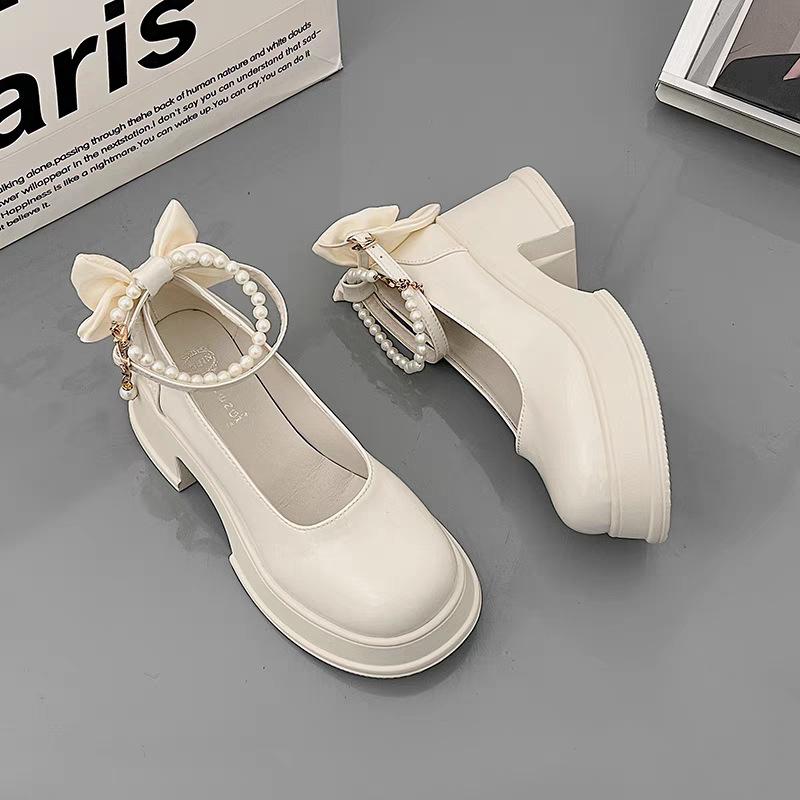 Style Round Head White Pearl Thick Heel Mary Jane Heels Women's 2025 New Spring and Autumn Retro Niche Jk Small Leather Shoes