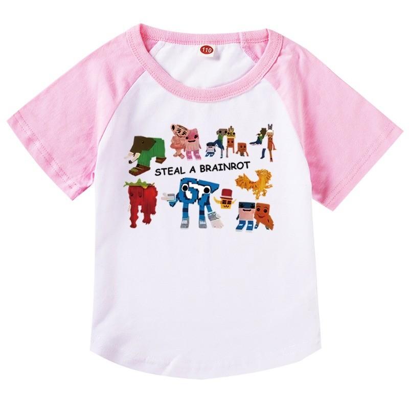 9191 Kids Girls Steal a Brainrot 67 Six Seven Print Raglan Short Sleeves Cotton T-Shirt