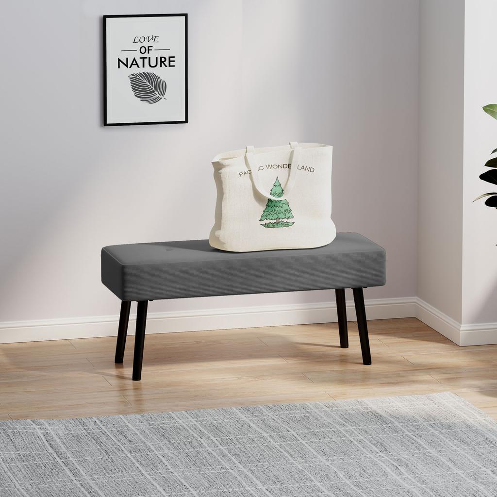 End of Bed Bench, Corduroy Bedroom Bench with Thick Padding and Steel Legs, Tufted Window Seat for Entryway, Living Room, Grey