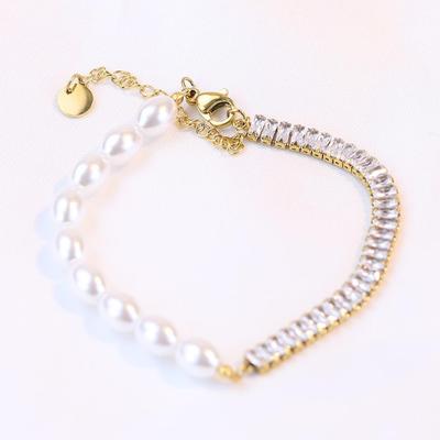 European & American Retro Temperament Faux Pearl Zircon 18K Gold Stainless Steel Bracelet