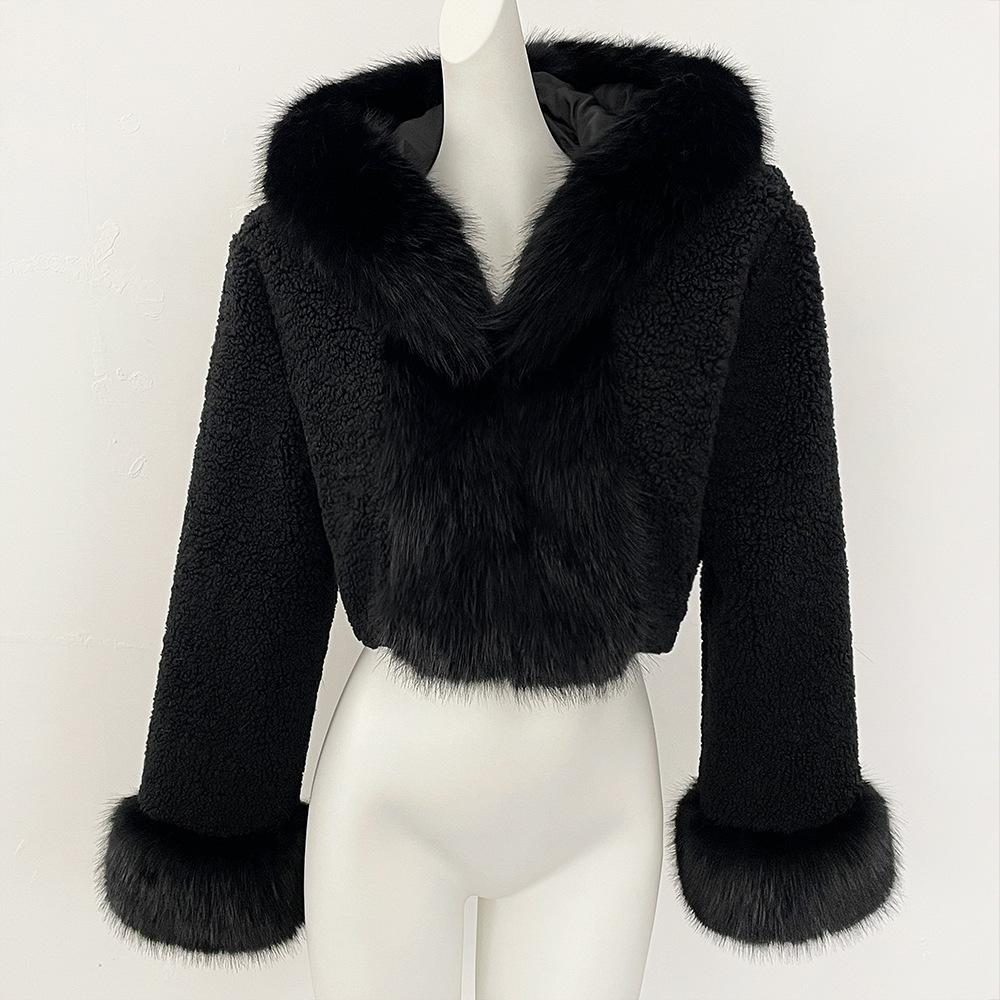 High Quality Faux Fur Jacket for Women Short and Hooded Faux Fox Fur Long Sleeved Patchwork Jacket Hot Selling 2026 S