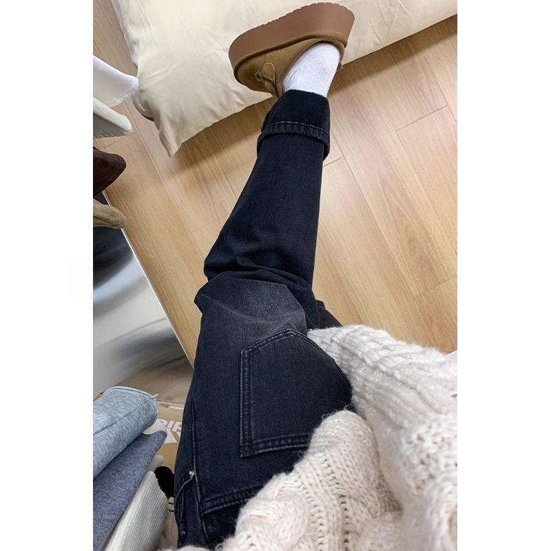 Smoke Grey Plus Size Wide-Leg Jeans for Women - Winter Thickened Straight Pants for Pear-Shaped Body