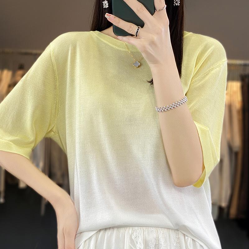 

Теннисный свитер с круглым вырезом, градиентной расцветки, с рукавом пять четвертей, женский, летний, новый, модный, нишевый, омолаживающий, повседневный топ XXL