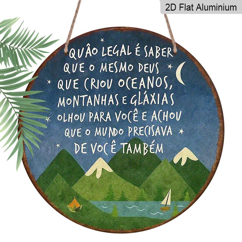

2D Flat, 1pc 7.87x7.87 Inch Round Portuguese Aluminum Sign - God Created Inspirational Quote, Vintage Decorative Sign with Serene Landscape Design 1pc