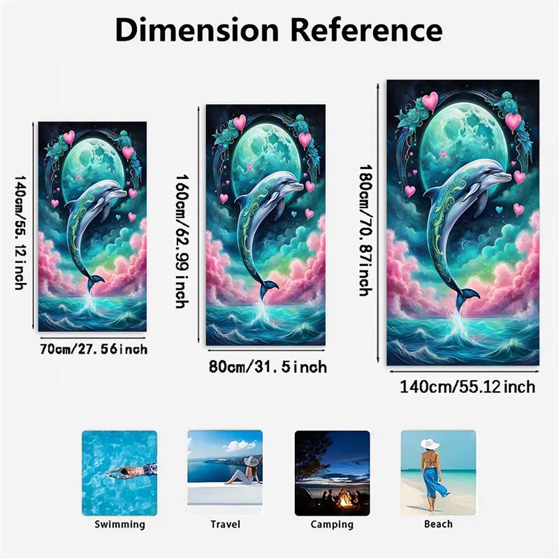 1PCMagical Moon Dolphin Beach Towel, Quick Dry Sand Free Oversized Microfiber Towel
