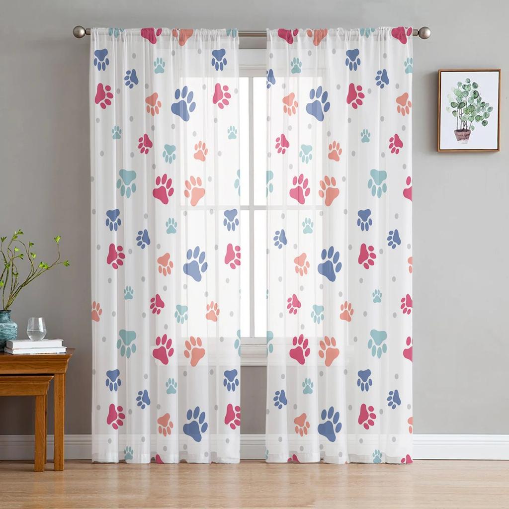 Tulle Curtains for Living Room Dog Paw Black Gray Bedroom Study Window Sheer Curtains Kitchen Balcony Interior Voile Curtains