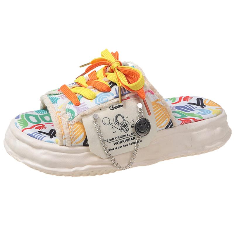 Cute Cartoon Slippers Women Wear Seaside Beach Shoes New Summer Canvas Half Drag Milk Fufu Shoes