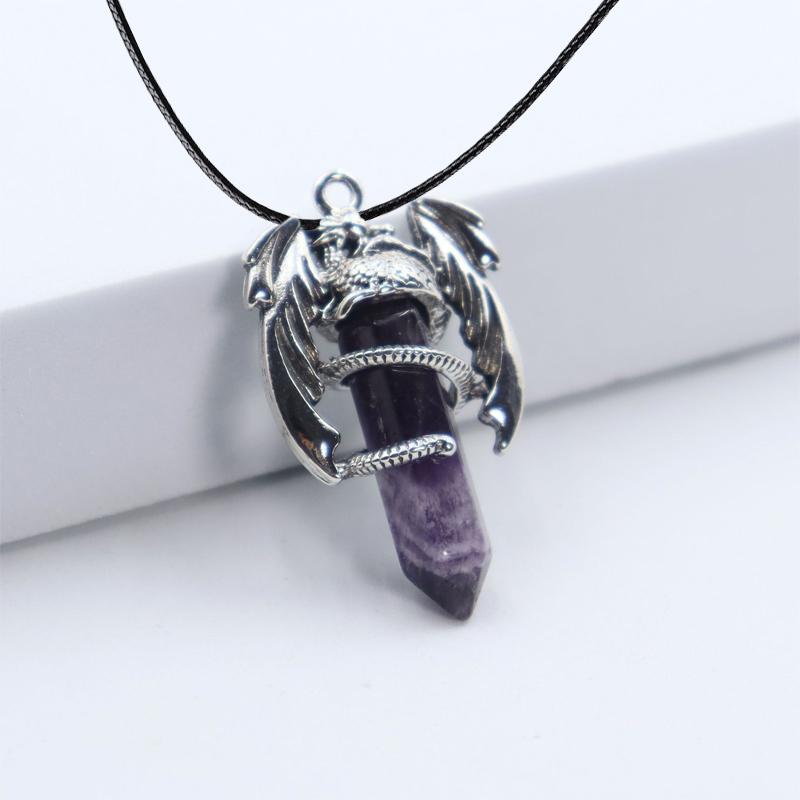 Animal Dragon Man Necklace Natural Gem Stone Healing Pink Quartz Hexagonal Crystal Pendant Vintage Jewelry for Women Gift