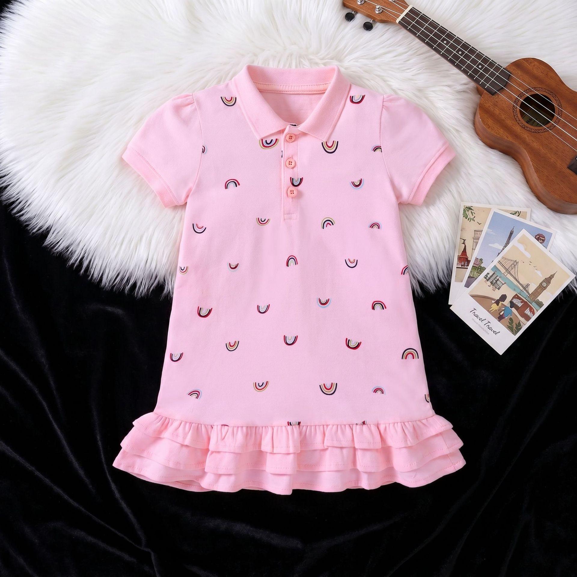 Summer Girls Polo Dress Short Sleeve Cartoon Embroidery Preppy Cute Kids Clothing 90