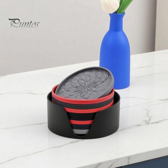 Modern Kitchen Table Accessories Silicone Coaster Set with Holder, Non Slip Diamond Pattern Drink Coasters for Drinks Cups Glasses, Heat Resistant Mat