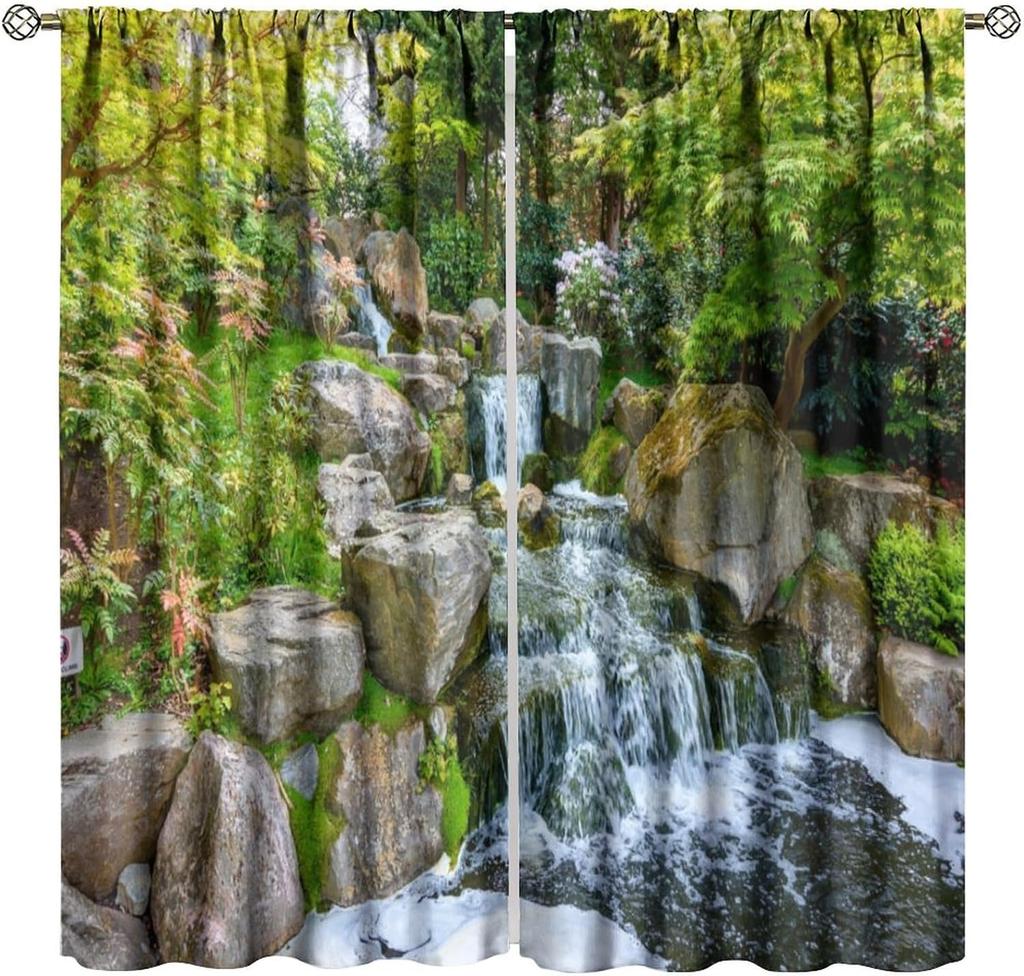 Blackout Red Forest Waterfall Windows Curtains Tree Landscape Woodland Scenic Nature Fall Scenery Art Printed Curtain Made Of Polyester Washable