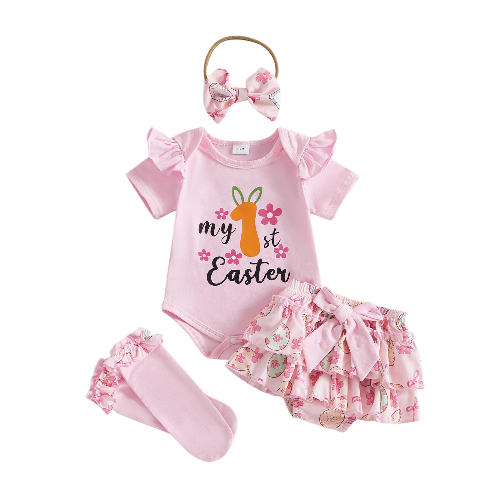 

Baby Girl Easter Clothing Set Cute Letters Floral Print Short Sleeve Romper with Skort Headband Stockings 4Pcs Outfit 0-3M розовый
