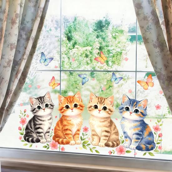 Spring Cat Window Cling Cartoon Cat Flowers Butterflies Window Sticker Reusable Static Glass Decal for Bathroom Kitchen Glass Doors