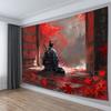 2D Japanese Samurai Ronin Tapestry, Red Leaves Temple Gate Wall Art for Home Decor