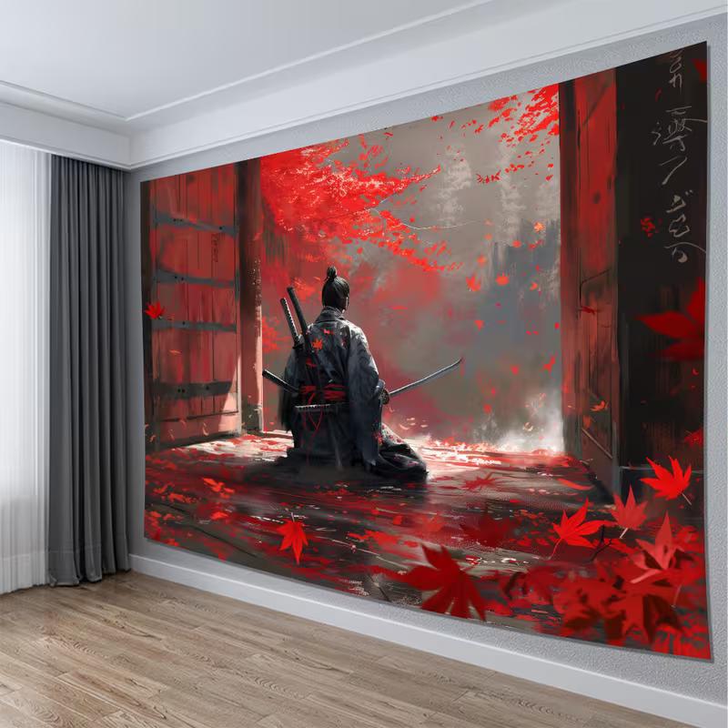 2D Japanese Samurai Ronin Tapestry, Red Leaves Temple Gate Wall Art for Home Decor