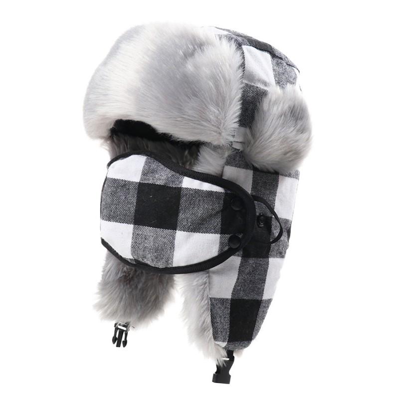 Warm Winter Beanie Hat With Face Mask Ear Protection Red Black Plaid Fleece Lined Unisex Ski Cap